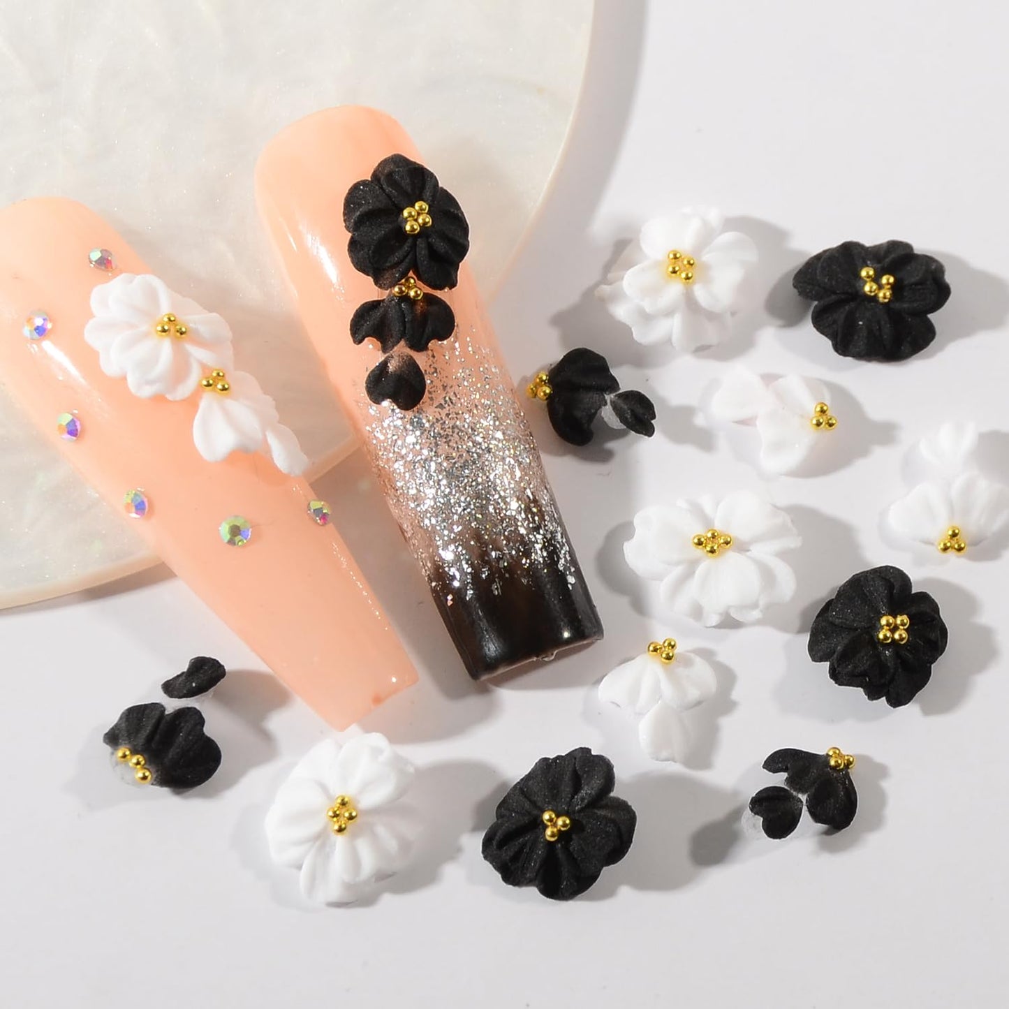 BAIYIYI 30PCS Handmade Acrylic Flowers Nail Art Charms Cute Y2K Summer Floral with Caviar Beads Design High-end Craved Flower Petal Nails Charms for Women Profession Nail Art Craft Jewelry