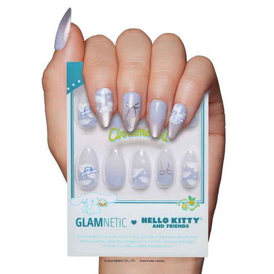 Glamnetic x Hello Kitty® and Friends Press On Nails - Cinnamoroll™ Cloud | Pale Blue 3D Cloud Graphic Fake Nails in a Velvet Finish | 15 Sizes - 30 Nail Kit with Glue