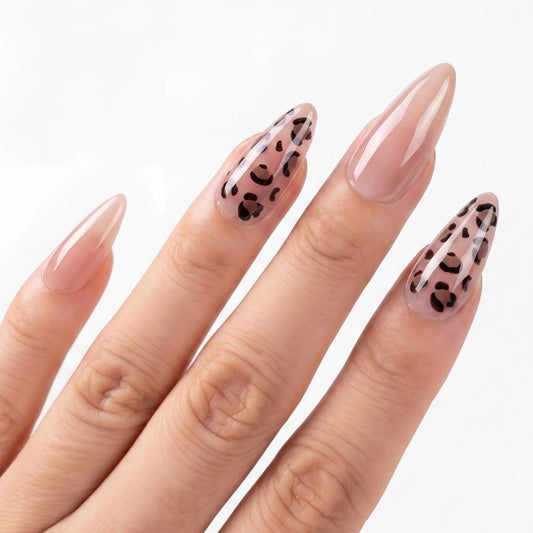 Taoyisent Glossy Pink Leopard Press-On Nails Almond Shape, Nude Blush False Nails with Animal Print Design, Medium Length Stick On Nails for Women, Reusable Acrylic Nails Kit 24PCS