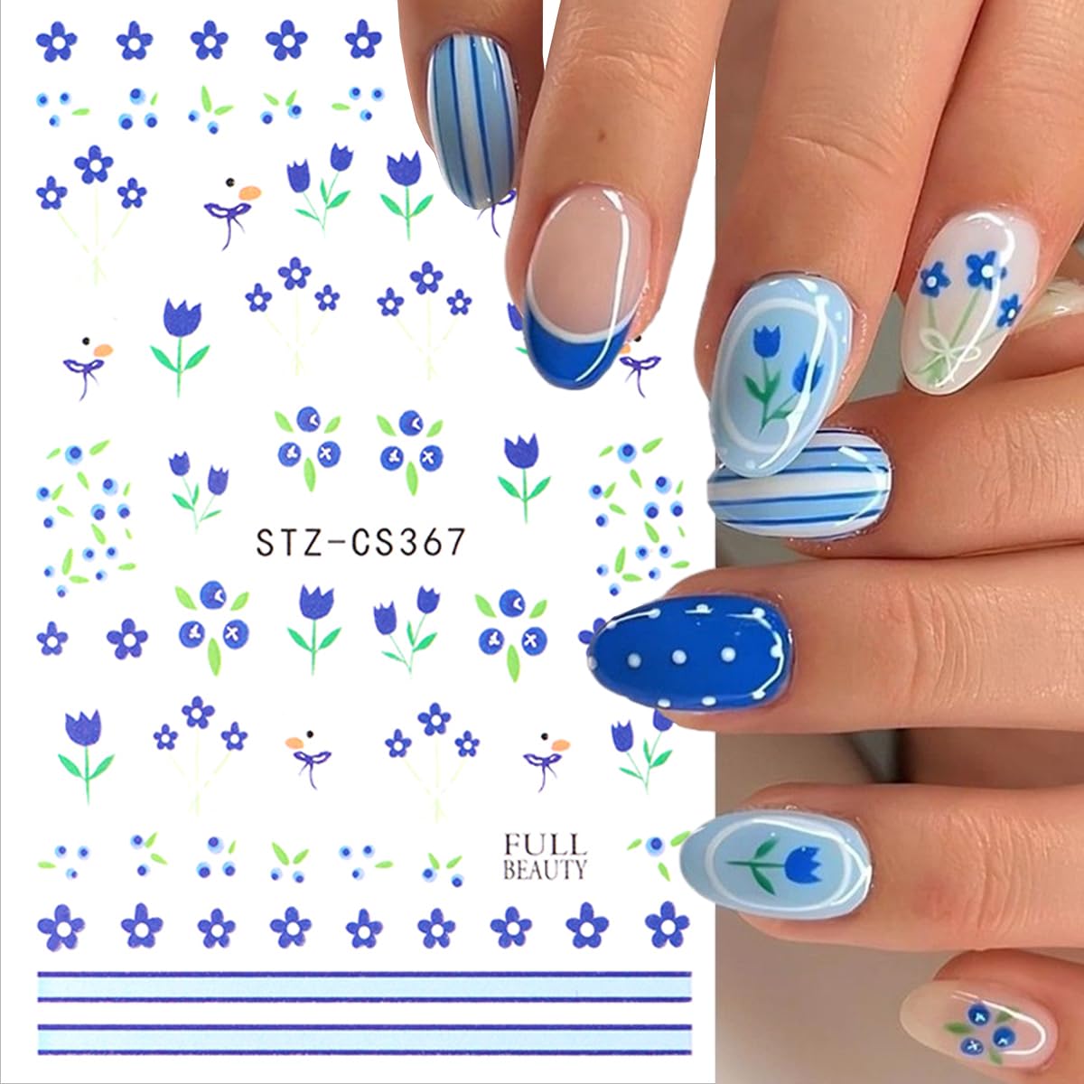 8 Sheets Flower Nail Stickers 3D Self Adhesive Spring Nail Decals Floral Nail Art Stickers with Butterfly Flowers French Lines Design for Women DIY Nail Decor