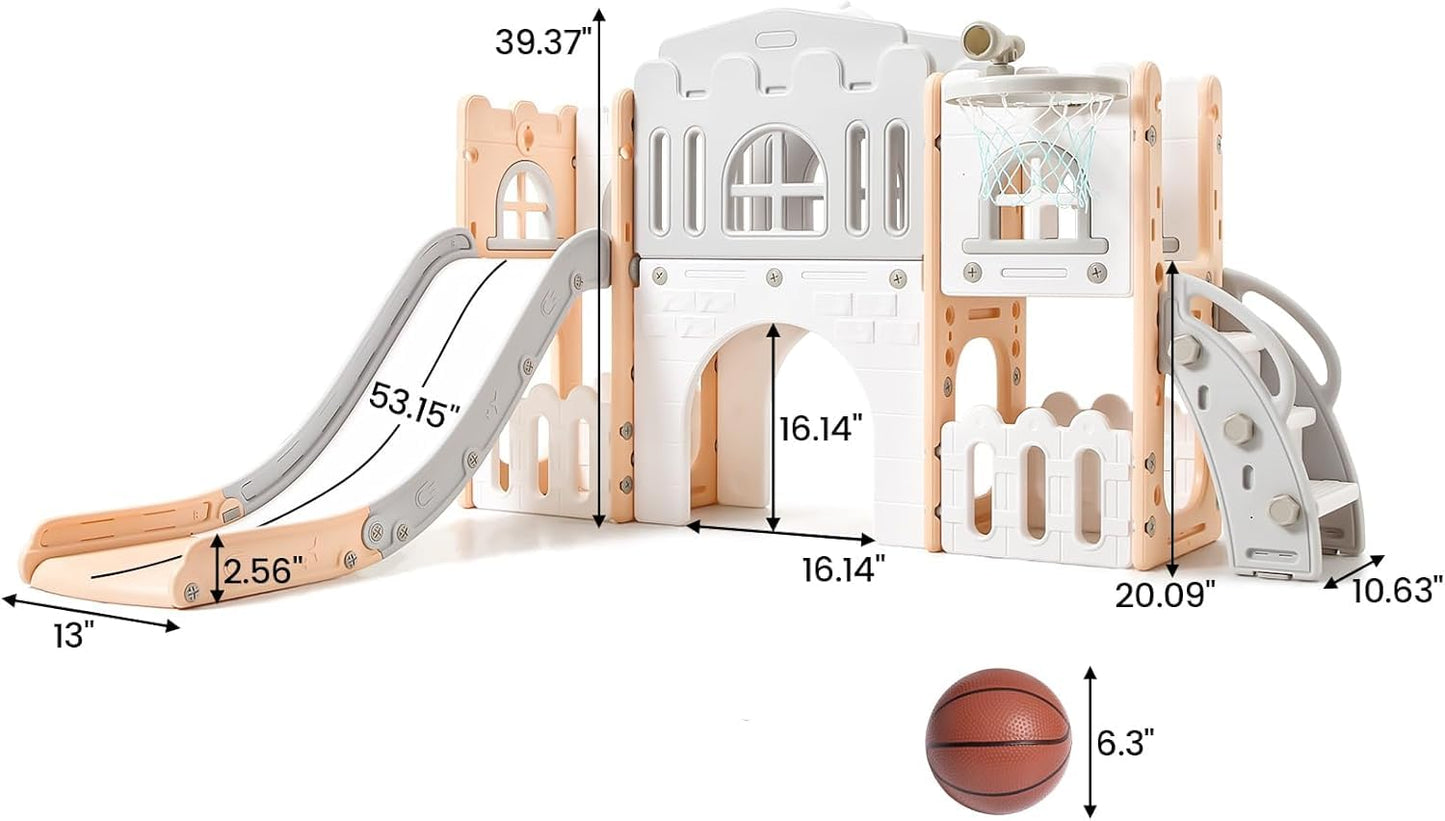 GarveeLife 8-in-1 Toddler Indoor Playground with Slide: Baby Slide Playset for Toddlers Ages 1-3 Outdoor Play, Kids Slide Includes Basketball Hoop, Climber, Crawling Tunnel, Telescope, Toy Storage