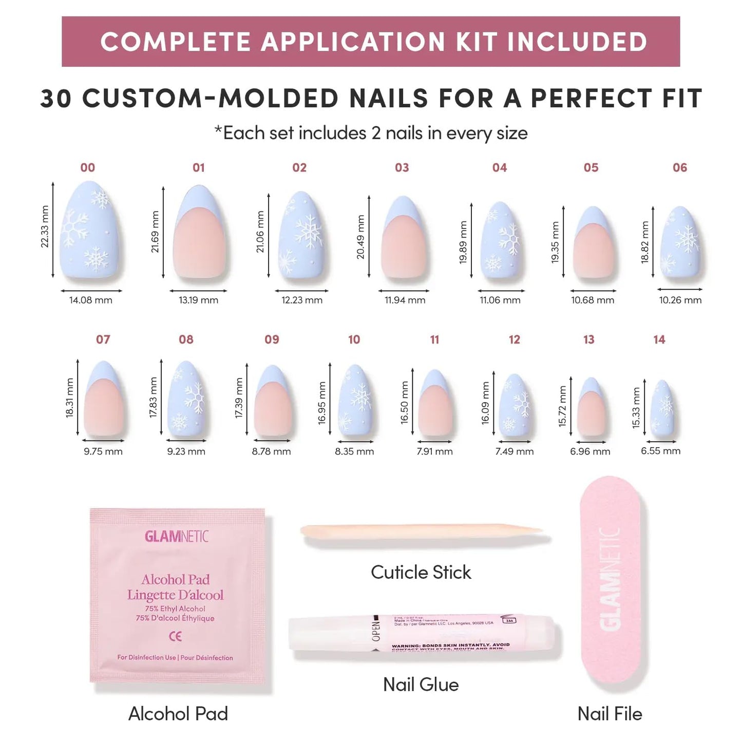 Glamnetic Press On Nails - Snow Bunny | Short Almond Fake Nails in Pale Blue with French Tips & 3D Snowflake Designs in a Matte Finish, Salon Quality Winter Nails | 15 Sizes - 30 Nail Kit with Glue