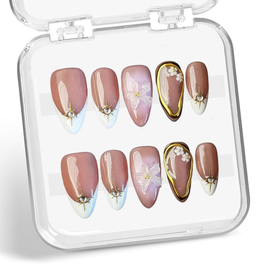 White French Tip Press on Nails Short Almond Fake Nails Handmade Press on Nails Flower False Nails Golden Embossed Designs Full Cover Muti-Layer Gel Stick on Nail Acrylic Nails for Women (Size M)