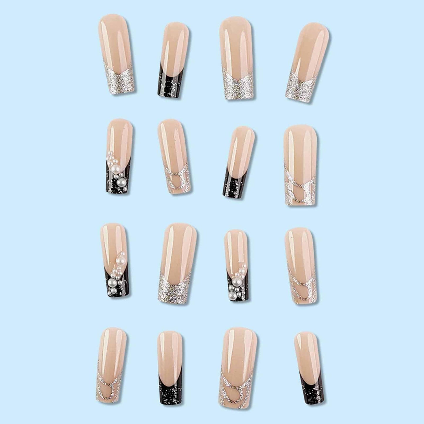 IMSOHOT Press on Nails Long Square Y2K Fake Nails with Pearls Design Silver Glitter Powder French False Nails Tips Full Cover Gel Glue on Nails for Women Girls 24Pcs