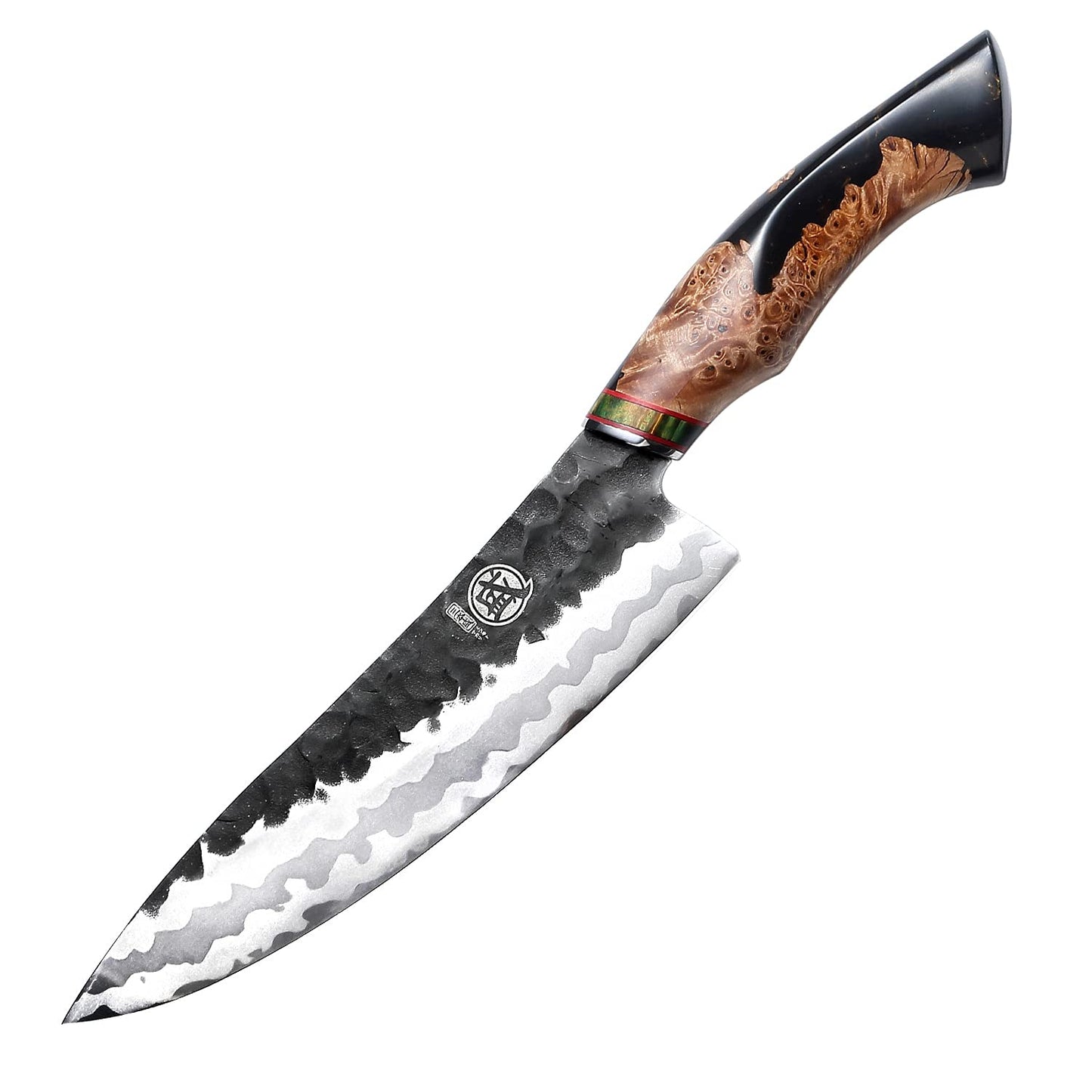 MITSUMOTO SAKARI 8 Inch Gyuto Chef Knife - Professional Japanese Kitchen Knives, Hand Forged 7-Layer 440C Damascus Steel, MapleWood Handle & Sandalwood Box