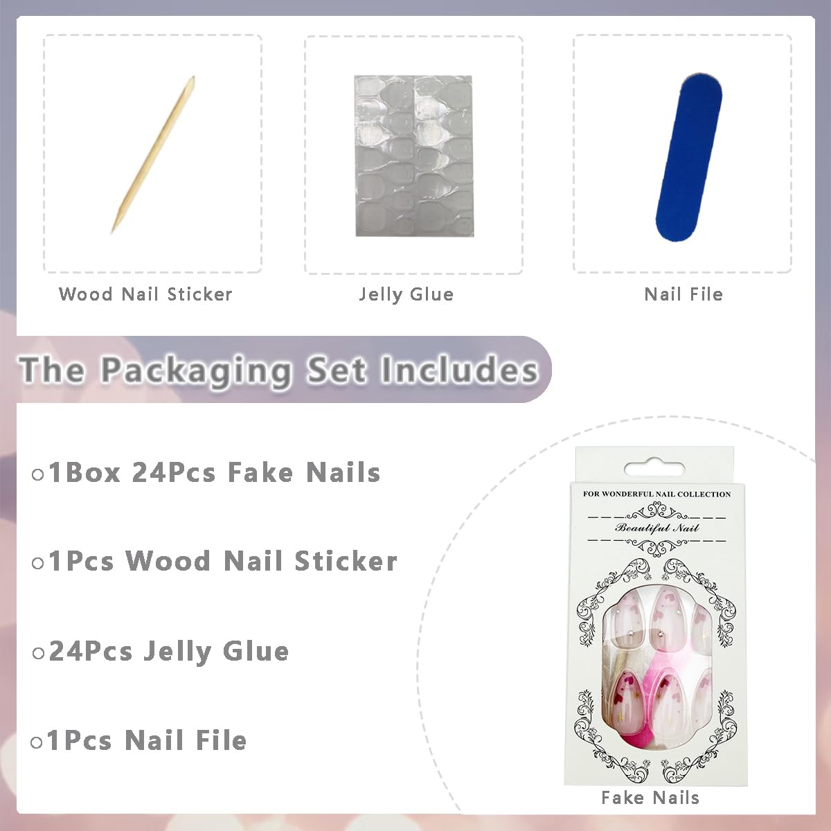 24Pcs French Press on Nails Almond Medium Length Fake Nails with Gold Heart Star Rhinestones Design Acrylic Glue on Nails Full Cover Stick on Nails Glitter Pink Artificial Nails for Women Nail Decor
