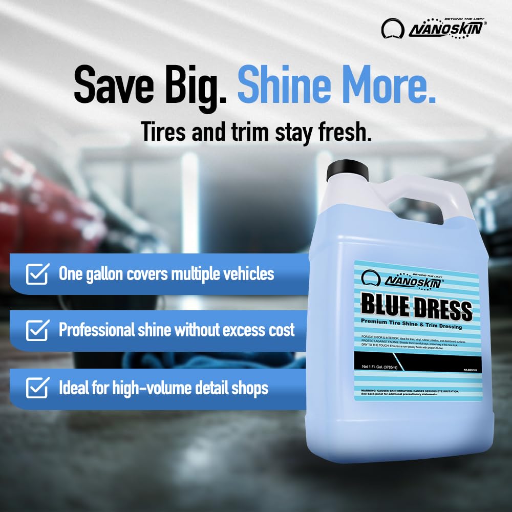 Nanoskin BLUE DRESS Premium Dressing 30 Gallons- Sprayable Interior & Exterior Dressing for Car Detailing | Works on Tire, Vinyl, Rubber, Plastic & Trim| Safe for Cars, Trucks, Motorcycles, RVs & More