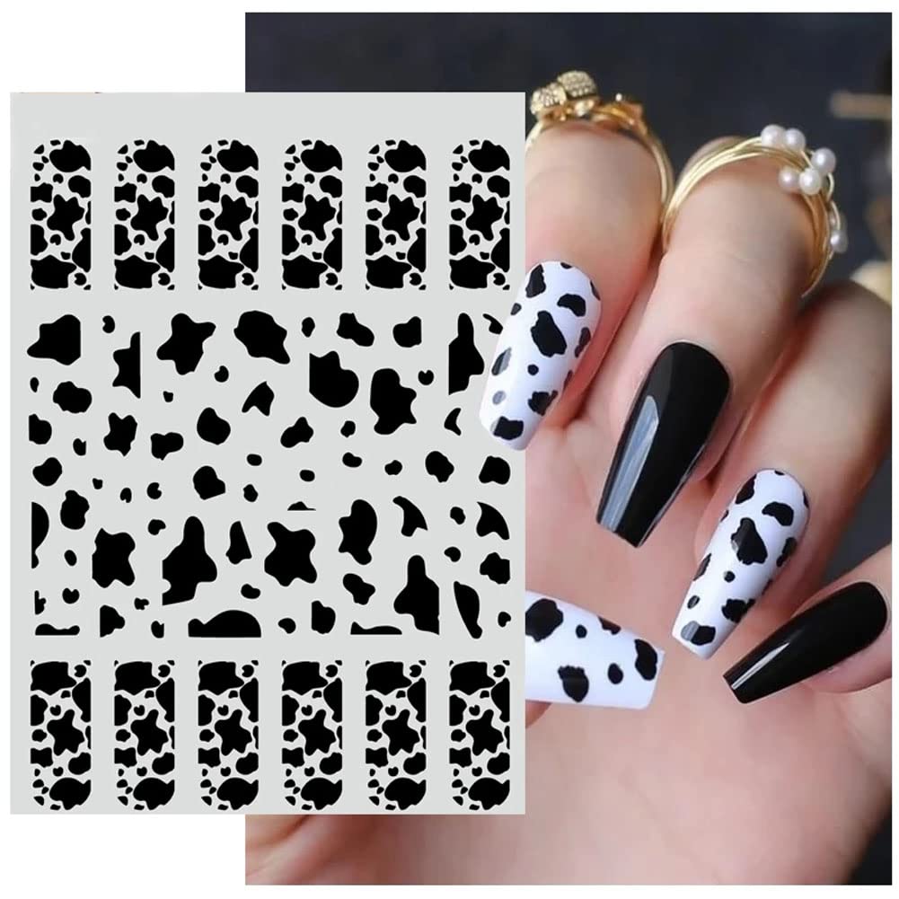 7 Sheets Gold Nail Art Stickers,Graffiti Nail Decals 3D Self-adhesive Nail Art Supplies Metal Laser Cow Graffiti Gold Silver Black Nail Art Design Manicure Tips DIY Nail Decoration,for Women Girl Kids