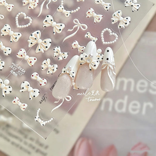 White Bow Nail Art Stickers 5D Embossed Nail Stickers for Nail Art Polka Dot Nail Decals with Pearl Heart Chain Design Cute Nail Supplies for DIY Manicure Self Adhesive Nails Design for Women 1 Sheet