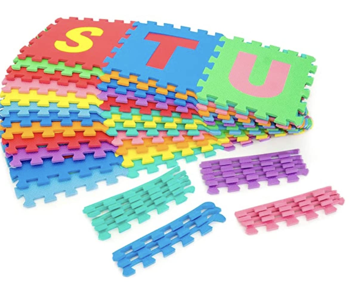 Little fun times Alphabet Play Mat for Baby Large 60 Pieces 12inch. Total 71.5x71.5 inch 36 SqFt Interlocking Floor Puzzle EVA Tiles Playmat for Toddler and Kids Letters and Numbers with Edges.