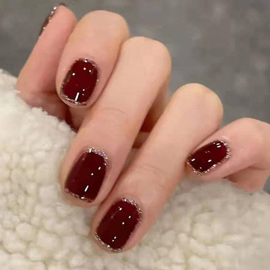 Wine Red Press On Nails Short Squoval Fake Nails Glitter Square Acrylic Nails Press Ons Glossy Glue on Nails Stick On Nails for Women Girls Manicure Gel Nail Kit 24pcs