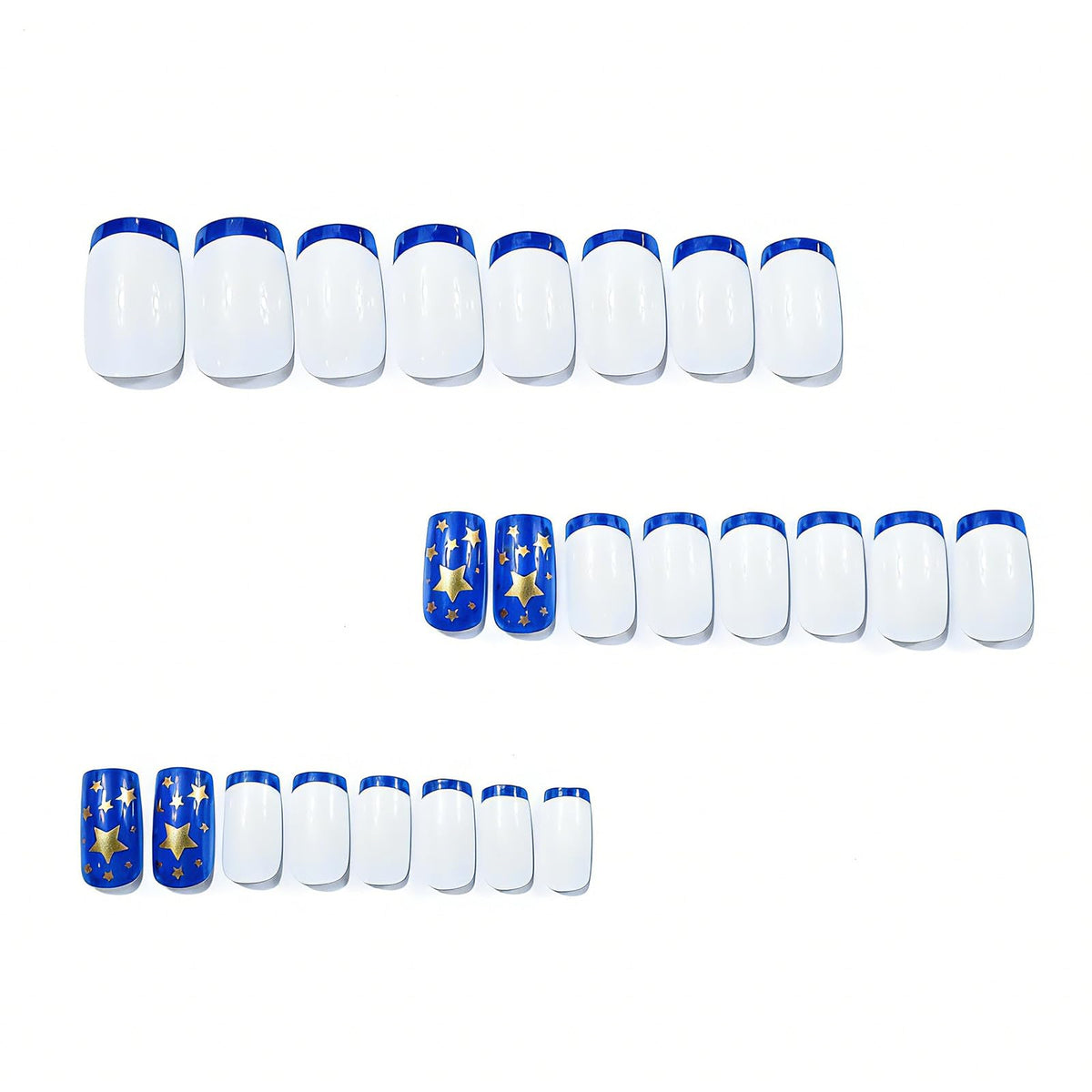 4th of July Press on Nails French Tip Medium Square Independence Day Fake Nails Gold Star Patriotic False Nails Reusable Artificial Nail Full Cover Glossy Stick on Nail for Women Manicure 24Pcs