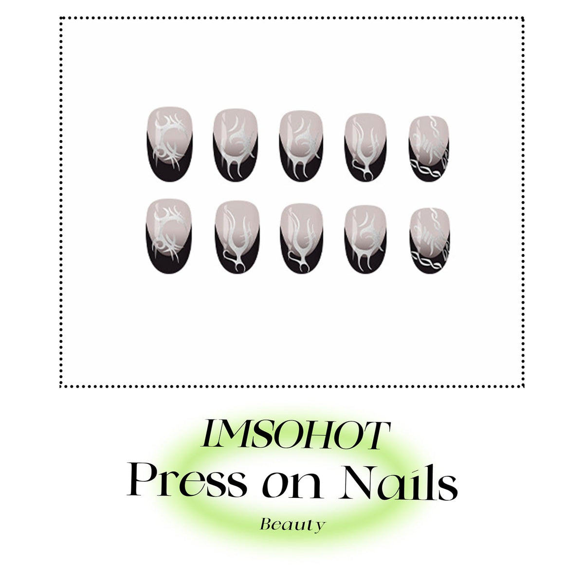 IMSOHOT Short Press on Nails Oval Black French Tips Fake Nails with Silver Totem Designs Round Full Cover Glossy Acrylic Gothic Glue on False Nails for Women 24Pcs