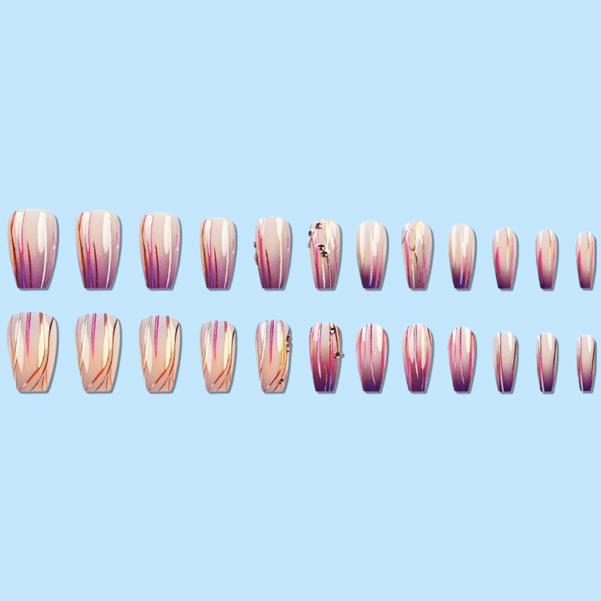 24 Pcs Magic Purple Gradient Press on Nails Medium Square Fake Nails Sparkly Curve Line with Diamonds Design False Nails Purple Gradient Acrylic Stick on Nails Glossy for Women Manicure Decoration