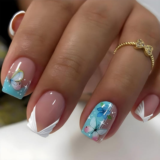 IMSOHOT Short Press on Nails Square White French Tips Fake Nails with Blue Butterfly Designs Full Cover Glossy Squoval False Nails Stick on Fingernails Gel Glue on Nails for Women Girls 24Pcs