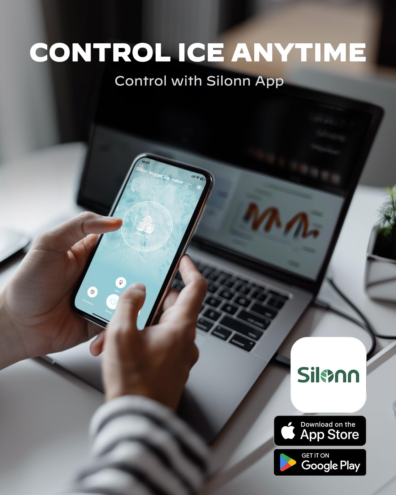 Nugget Ice Maker Countertop - Silonn Smart Pebble Ice Machine, Pellet Ice 44 lbs per Day, Crushed Ice from Timer Function and Status Alerts with Silonn App, Stainless Steel