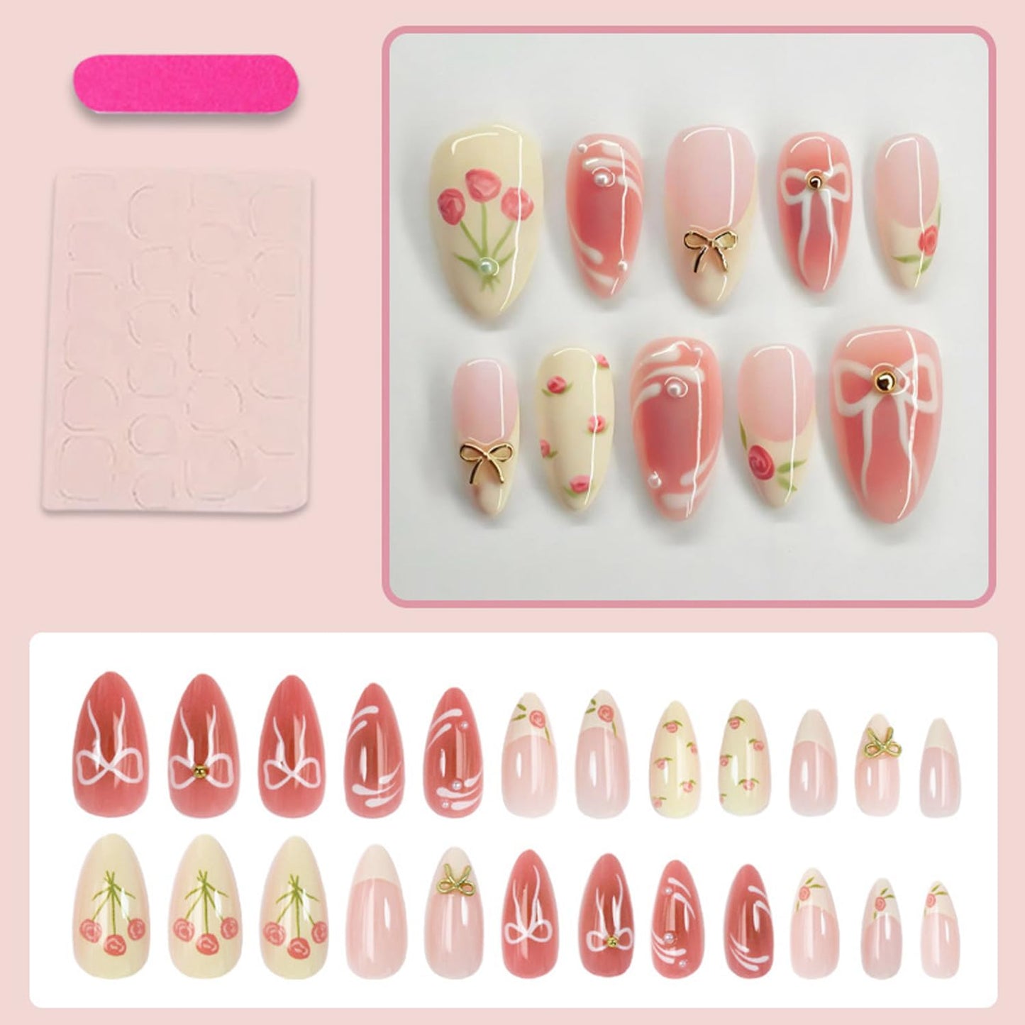 24Pcs Valentines French Press on Nails - Medium Almond Fake Nails with 3D Pearls Bow Design Rose Flower False Nails Pink Gradient Glossy Full Cover Cute Floral Bows Gel Acrylic Glue on Nails for Women