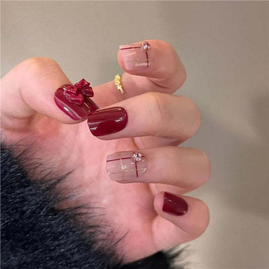 OCTOSWAVE Press on Nails Square Short Fake Nails Red Artificial Nail with Rhinestones and Bow Stick on Nail for Women 24pcs