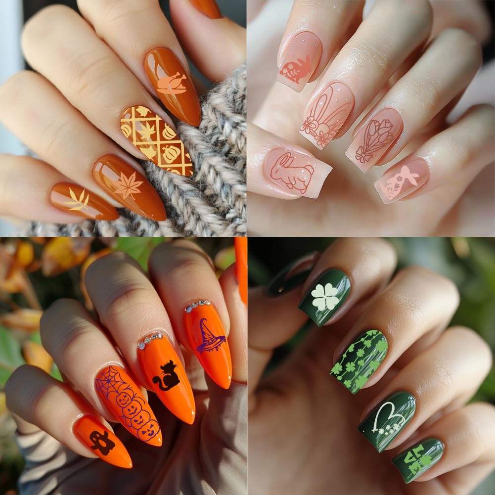 beinkmake 3Pcs Holiday Nail Stamping Plate Set Seasonal Halloween Christmas Nail Stamp Templates Valentine St. Patrick's Day Metal Reusable Tools with Stamper Scraper for Manicure Printing