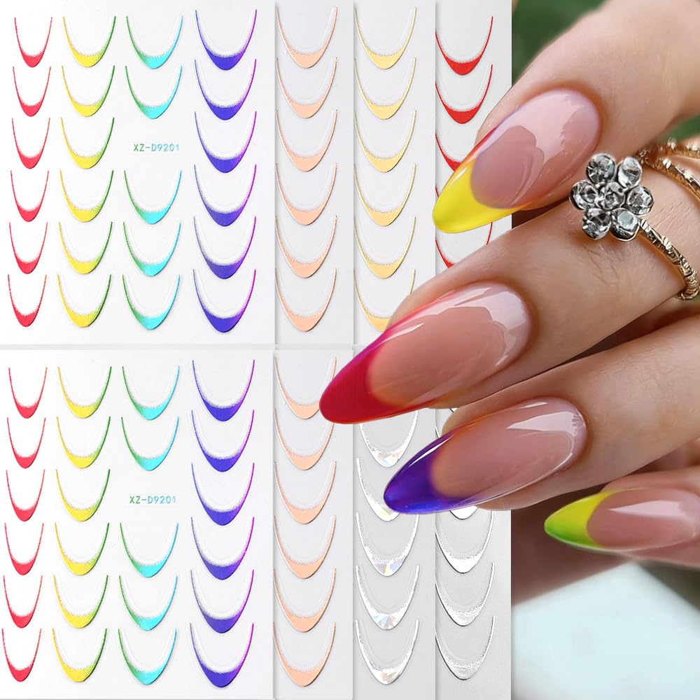 10 Sheets Colorful French Nail Stickers for Nail Art, 3D Self-Adhesive Gold Sliver Rosegold French Nail Decals, Red French Lines Nail Supplies Designs Accessories for Women Girls Manicure DIY