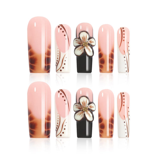 XGV Handmade Long Square Press on Nails, Handmade Art Fake Nail with Gradient Carving Flower, 3D Press on Nails for Party Wedding Salon