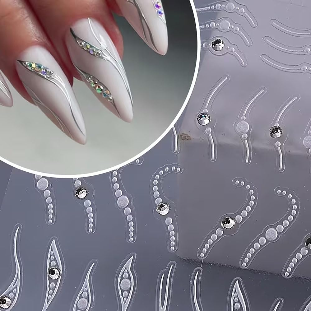 3Pcs French Line Nail Art Stickers,Silver Line Diamond Nail Stickers 5D Self-Adhesive Nail Decals Nail Art Supplies Silvery Stripe Swirls Wave Deisgns for Women Nails Decor