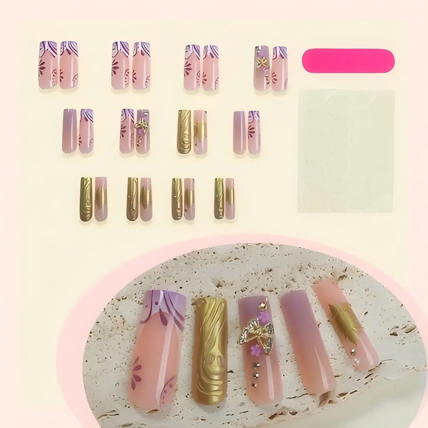 Rchovsam Long Press on Nails Square xl French Tip Fake Nails Purple 3D Butterfly Diamond Designs Nails Press Ons 3D Gold Stripe Stick on Nails Full Cover Artificial Nails Gift for Women 24pcs