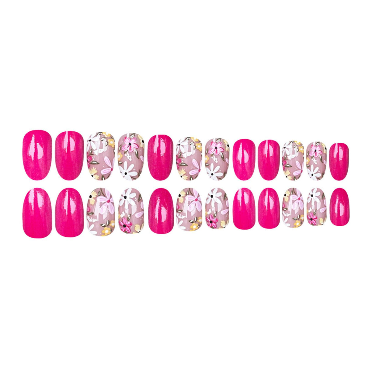 Floral Medium Oval Press on Nails Neon Pink Base Pastel Multi-color Floral Accents Glossy Finish Reusable Spring Nails Easy Fashion Party Wear Durable Trendy Women Girls Nail Art 24 Pcs