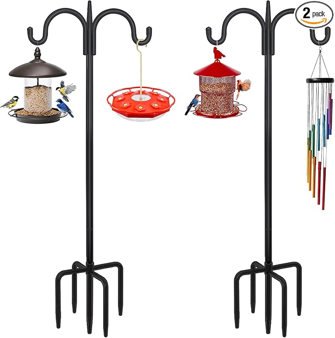 FEED GARDEN Heavy Duty Shepherds Hook 2 Pack 76" Double Hooks Adjustable (44/60/76") - Metal 5-Prong Base, 17lb Capacity - Easy Assembly Bird Feeder Pole for Hanging Planters, Lanterns, Wind Chimes
