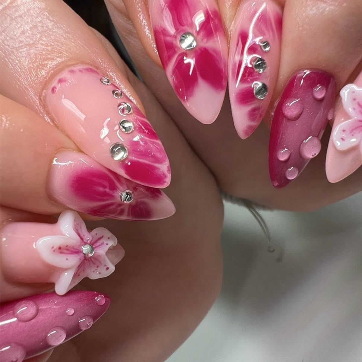 3D Flower Press on Nails Medium Almond Fake Nails with Rhinestones Design Stick on Nails Floral False Nails Artificial Full Cover Acrylic Glue on Nail for Women Nail Art Decoration 24Pcs