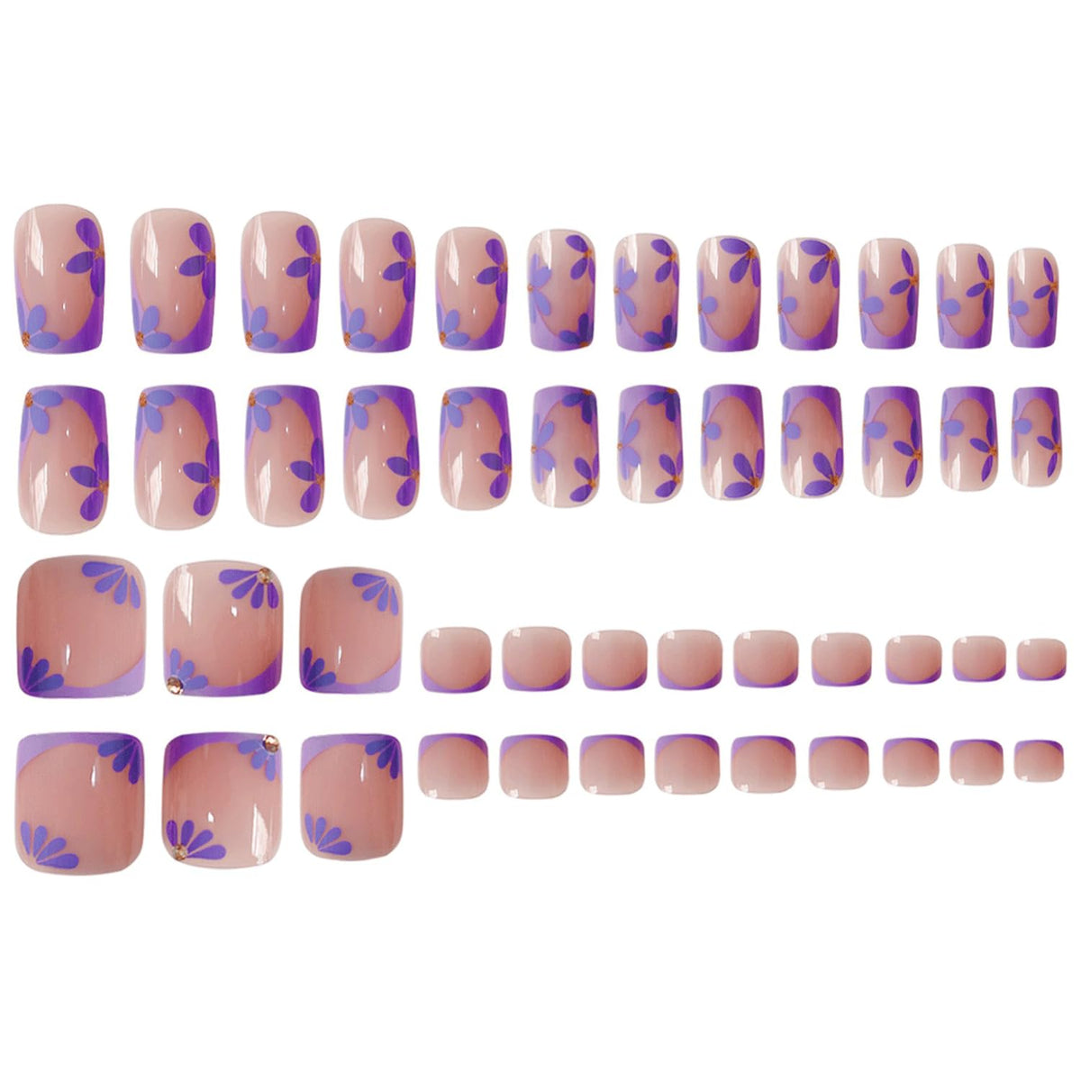 48 Pcs Purple French Tip Press On Nails Square & Press On Toenails Set Purple Flower Fake Nails Spring Floral Toe Nails Press Ons Glossy Full Cover Stick On Toe Nails For Women Gilrs Manicure