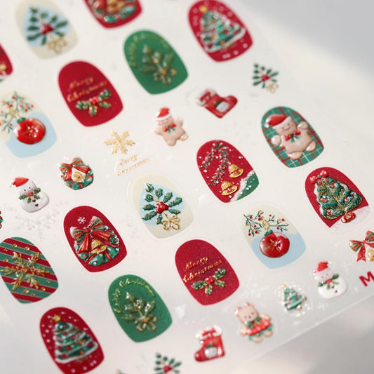 Christmas Nail Sticker 5D Embossed Snowman Xmas Tree Bell Nail Art Sticker Self Adhesive Nail Decals Gold Snowflake Nail Art for Women Manicure Supplies Nails Art Decorations