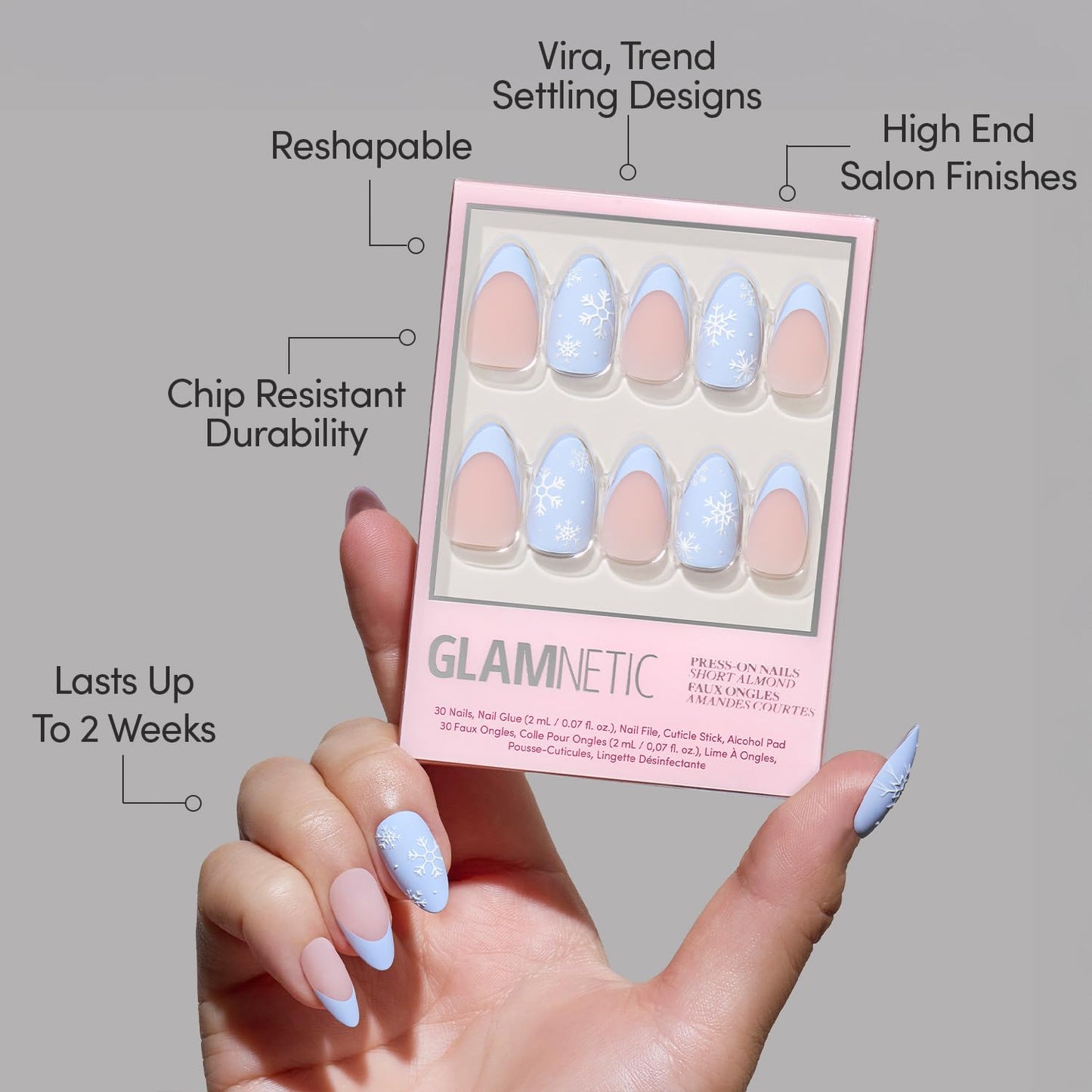 Glamnetic Press-On Nails Bundle - Candy Crush & Snow Bunny | Short Oval Fake Nails with Candy Cane Swirl Design and Velvet Finish | Pale Blue Short Almond Fake Nails with French Tips & 3D Snowflake De