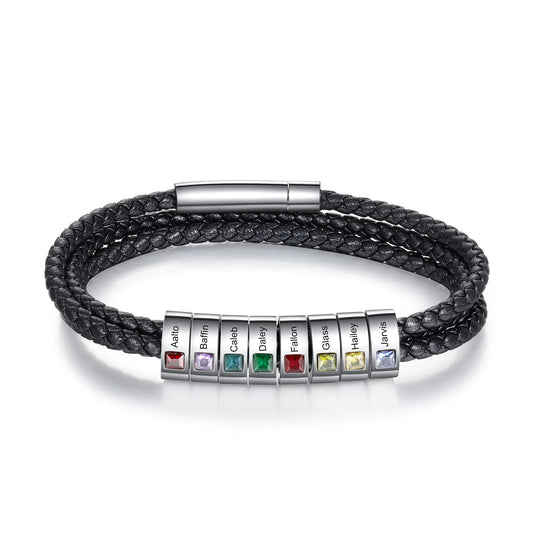 Personalized Mens Braid Bracelet Custom Bracelet with 1-8 Engraved Beads Family Names Jewelry Gifts for Men Father's day