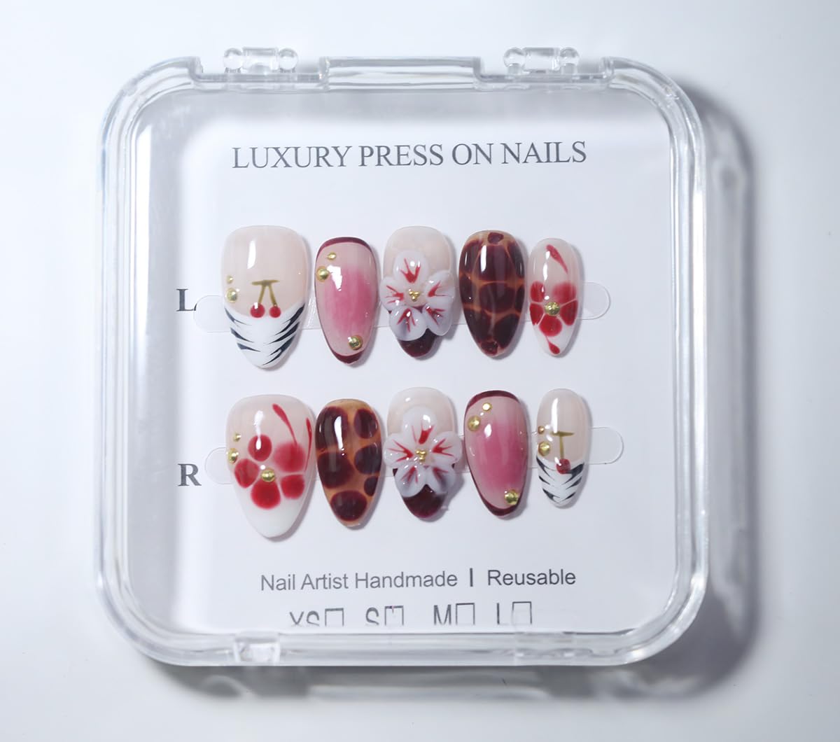 10Pcs Short Almond Handmade Press On Nails | Nude Pink & Red Ombre with Cherry, Tortoiseshell Print & 3D Floral Decor | Reusable Salon-Quality Fake Nails for Women and Girls (251213, M)