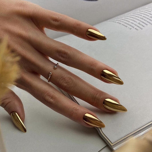 Chrome Gold Press on Nails Medium Almond, KQueenest Mirror Metal Stiletto Fake Acrylic Nails with Bling Design, Cute Medium Glue on Nails for Prom Party Wear, Glazed False Nails Press ons in 24 Pcs