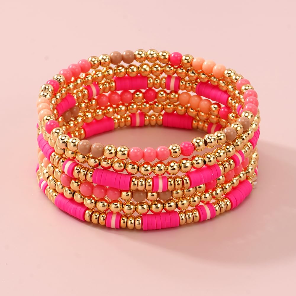 Bohxantium Gold Beaded Friendship Bracelets Stack for Women Boho Pink Heishi Clay 14K Gold Plated Beads Ball Stackable Stretch Surfer Colorful Preppy Bracelet Trendy Jewelry Daily Wear Birthday Gift
