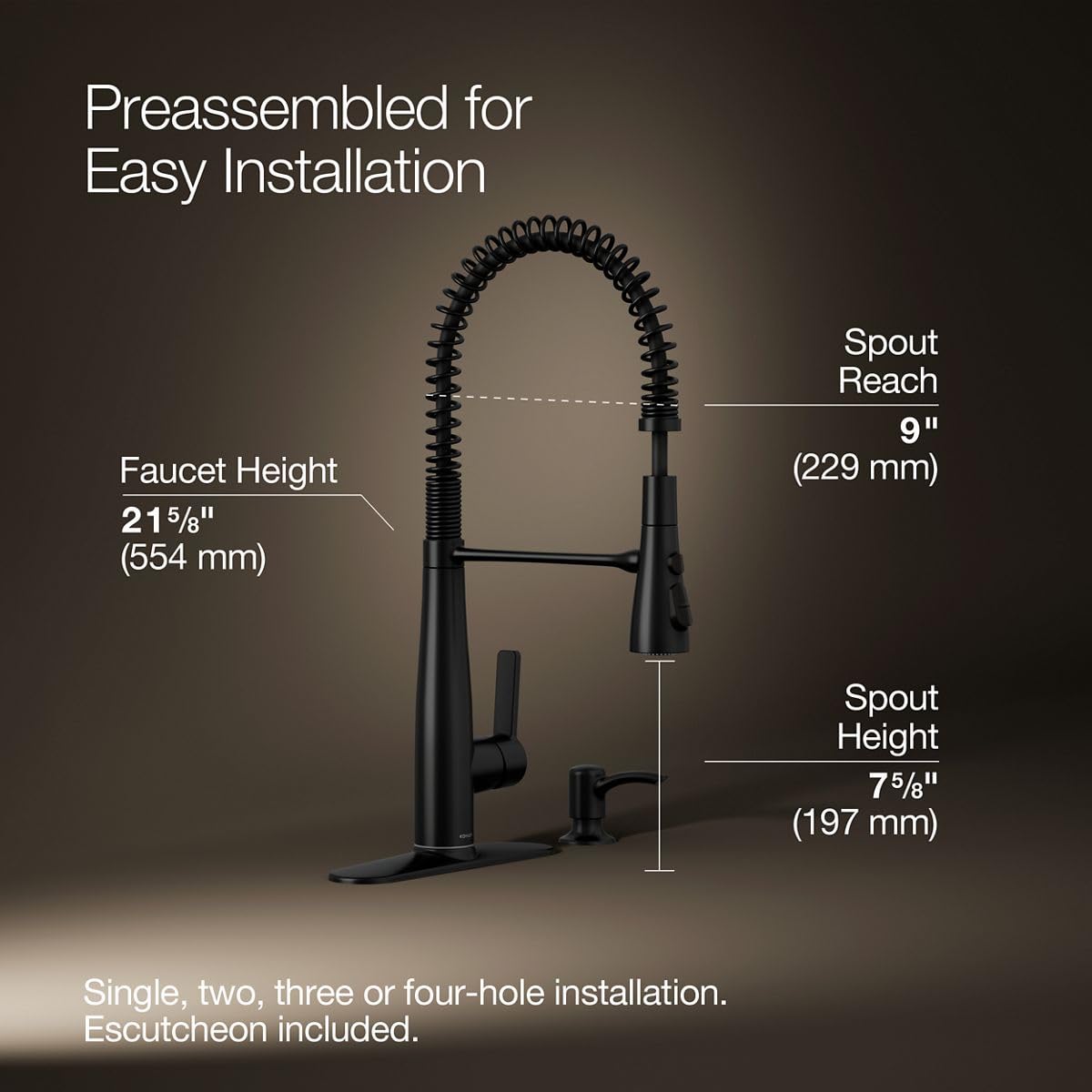 KOHLER K-REC22745-SD-BL Semi-Professional Kitchen Sink Faucets with Soap Dispenser, Commercial Kitchen Faucets with Pull Down Sprayer, Matte Black