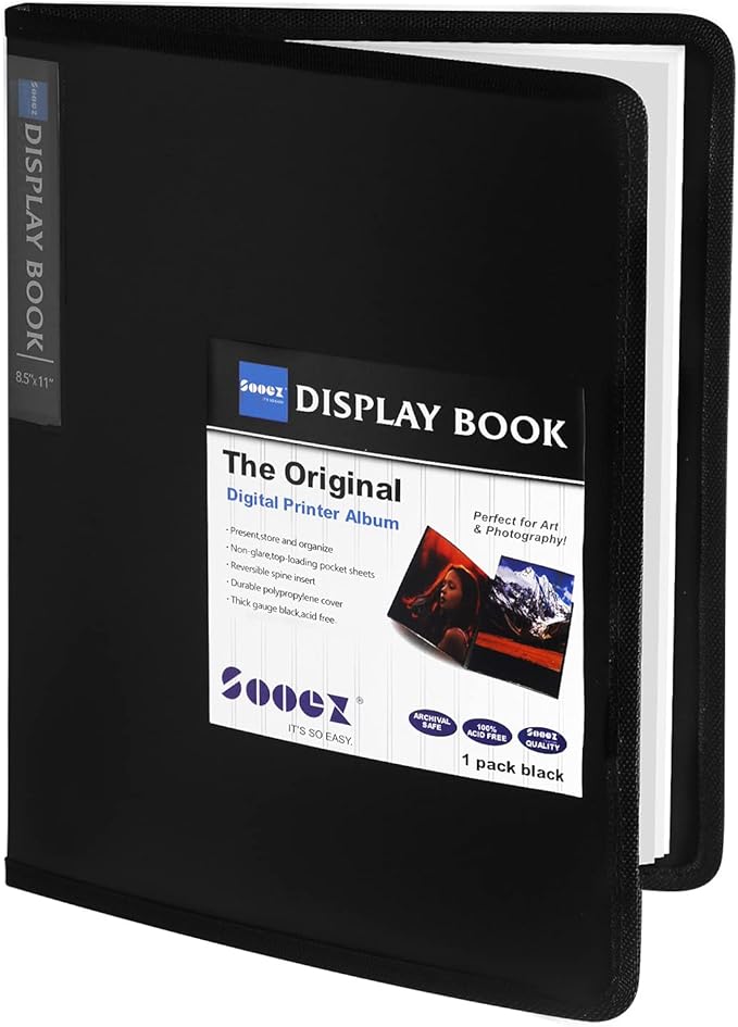 Sooez 30-Pocket Binder with Plastic Sleeves 8.5x11 (Black), Heavy Duty Art Portfolio Folder with Clear Sheet Protectors, Display 60 Pages, Presentation Book for Artwork, Document Organizer Binder