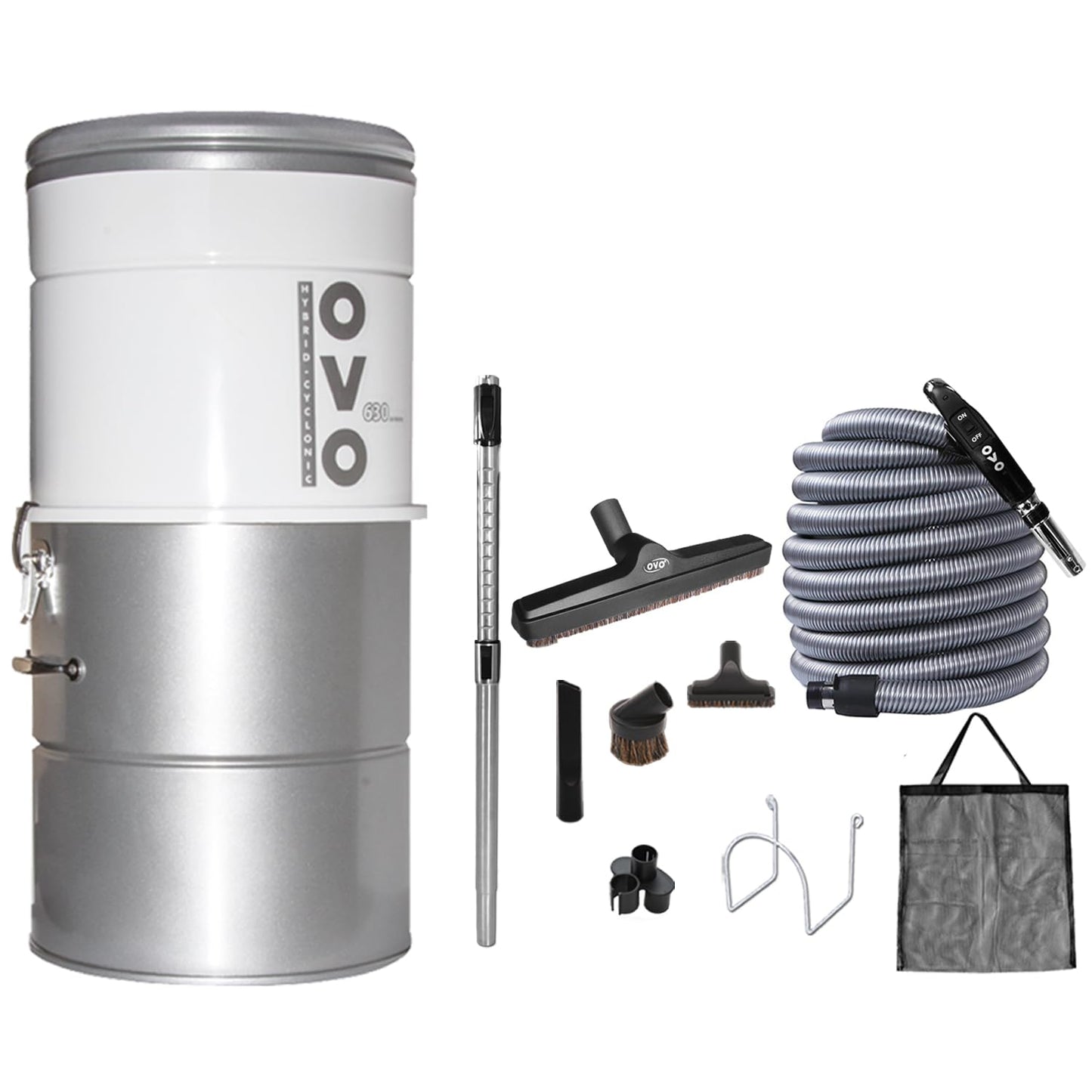OVO Large and Powerful Central Vacuum System, Hybrid Filtration (with or Without Disposable Bags), 25L or 6.6 Gal, 630 Airwatts + 30 ft Premium Deluxe Accessory Kit