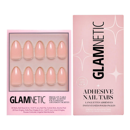Glamnetic Press-On Nails & Adhesive Nail Tabs - Gold Standard | Short Almond Fake Nails with Gold French Tips | 15 Sizes - 30 Nail Kit with Adhesive Tabs