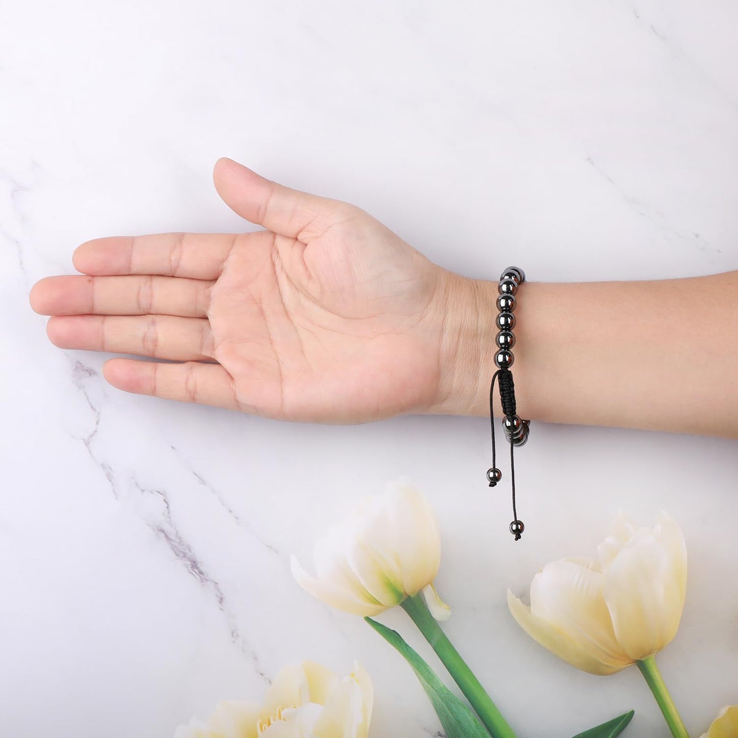 AD Beads 4mm Hematite - Healing and Health - Handmade Natural Stone Crystal Bracelet with Adjustable Macrame String - Yoga Healing Power Energy Gifts for Men and Women