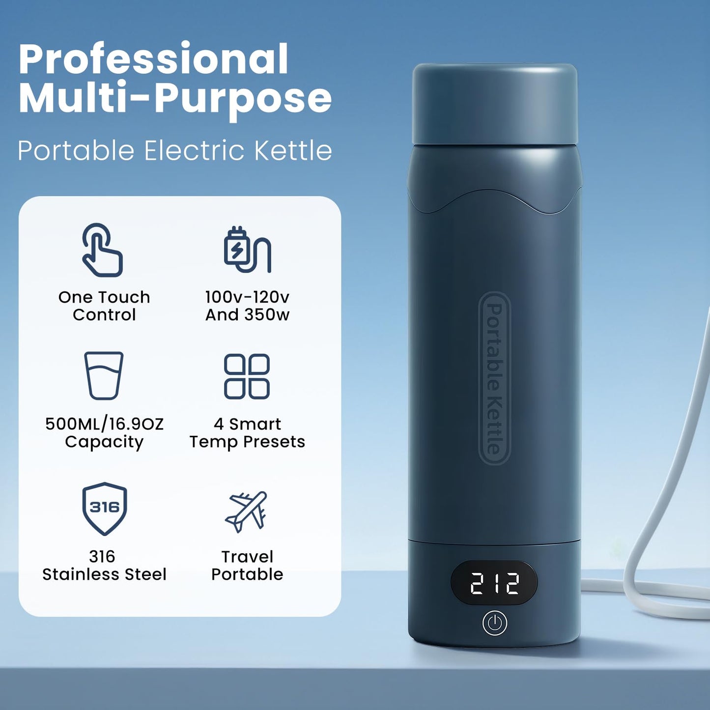 Travel Electric Kettle Portable Mini Kettle,316 Stainless Steel 16.91Oz,Small Hot Water Boiler with 4 Temperature Settings,Fast Boiling Water with Auto Shut-Off and Boil Dry Protection(Blue Spruce)