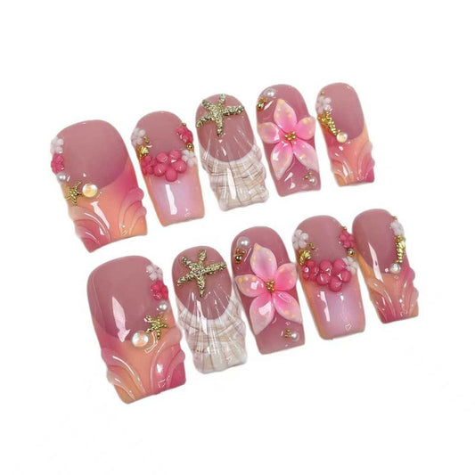 MikaJayboo Handmade Medium Square Press on Nails Pink French with Gradient Ocean Style Fake Nails with 3D Flower Shell & Starfish Summer Beach Party Nails for Women, 10Pcs (Size M)