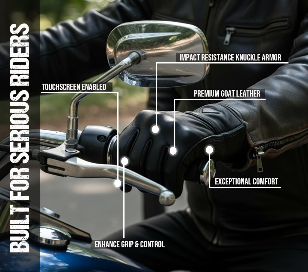 Jackets 4 Bikes Motorcycle Gloves - Premium Leather for Men, Touchscreen, Non-Slip, Motorbike Cruiser Street Biker Protector BlackRed XXL