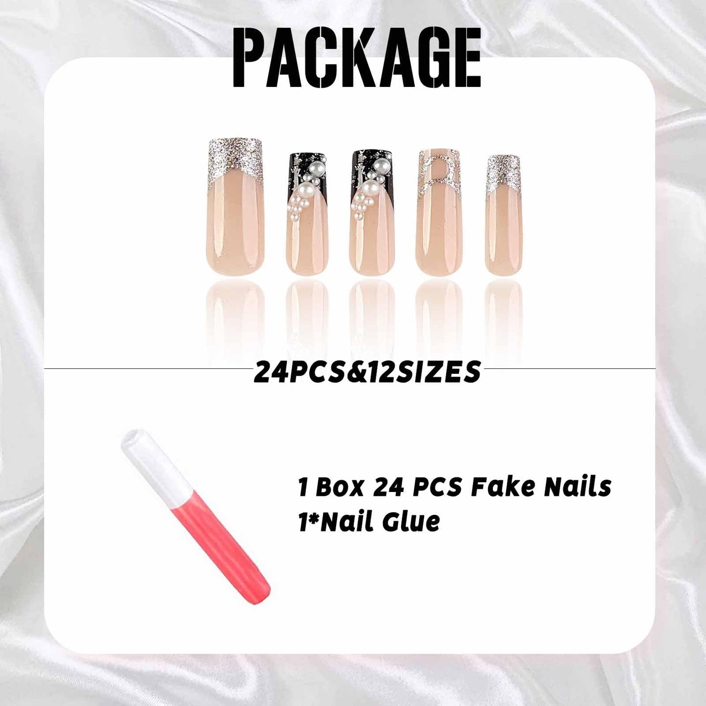 IMSOHOT Press on Nails Long Square Y2K Fake Nails with Pearls Design Silver Glitter Powder French False Nails Tips Full Cover Gel Glue on Nails for Women Girls 24Pcs
