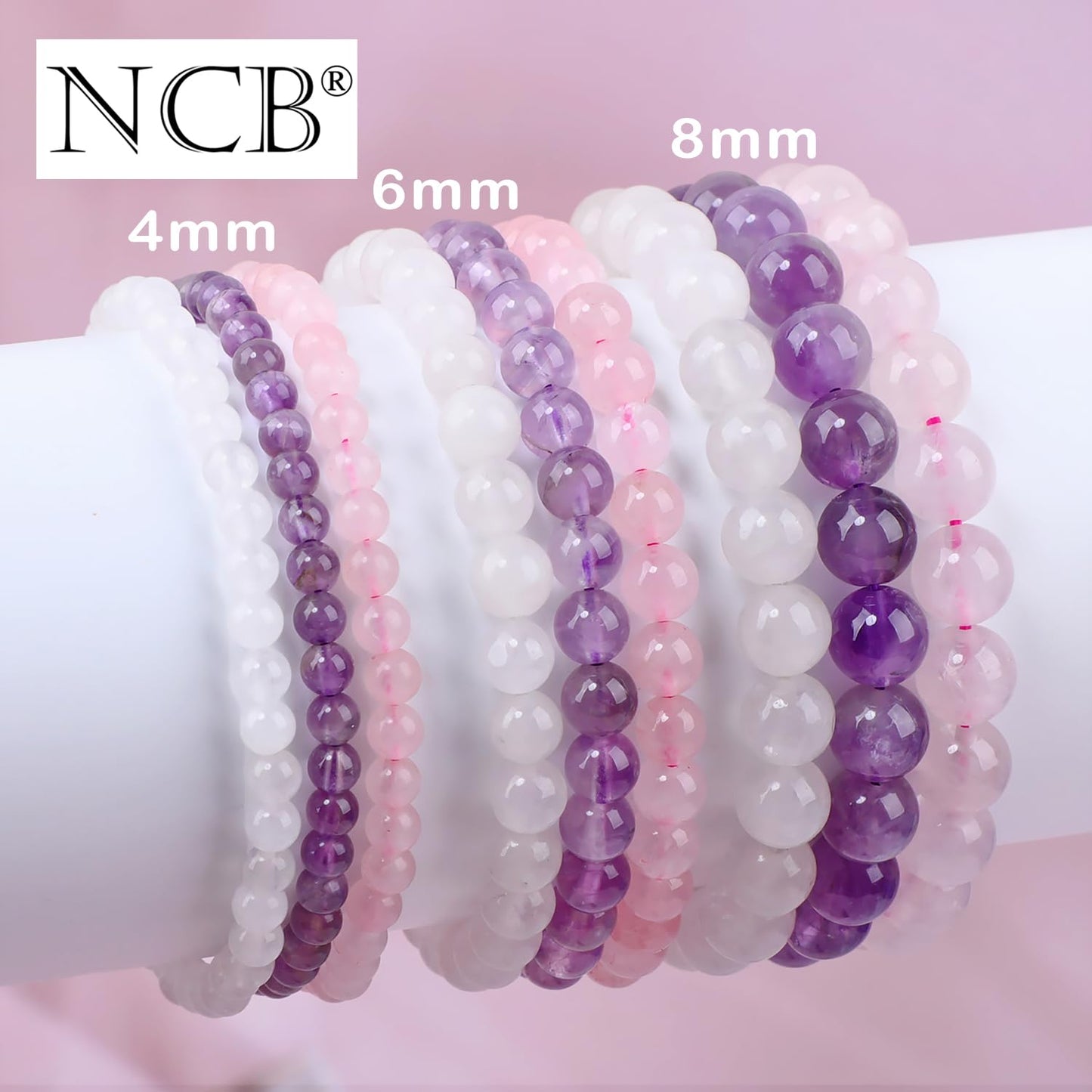NCB 3-Piece 6mm Natural Crystal Gemstone Stretch Bracelets – ﻿Amethyst, Pink Quartz, White Jade Handmade Reiki Energy Healing Jewelry for Meditation,Yoga, Unisex