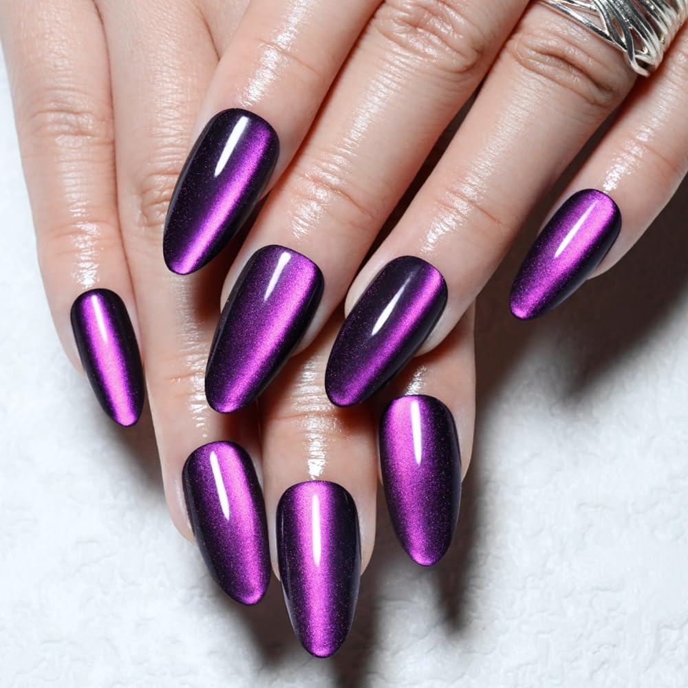 evpct Purple Cat Eye Chrome Press on Nails Almond Medium with Design, Purple Holographic Medium Almond Stick on Fake Nails for Women, Glossy Cat Eye Effect, Perfectly Fit Salon-quality Soft False Nail