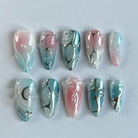 24 Pcs Ombre Blue Press on Nails Short Almond,MINGCHUN Fall Fake Nails Press ons Acrylic Nail Art Tips Kit Full Cover False Nails Glue on Nails with Starburst 3D Texture Design for Women Nail Supplies