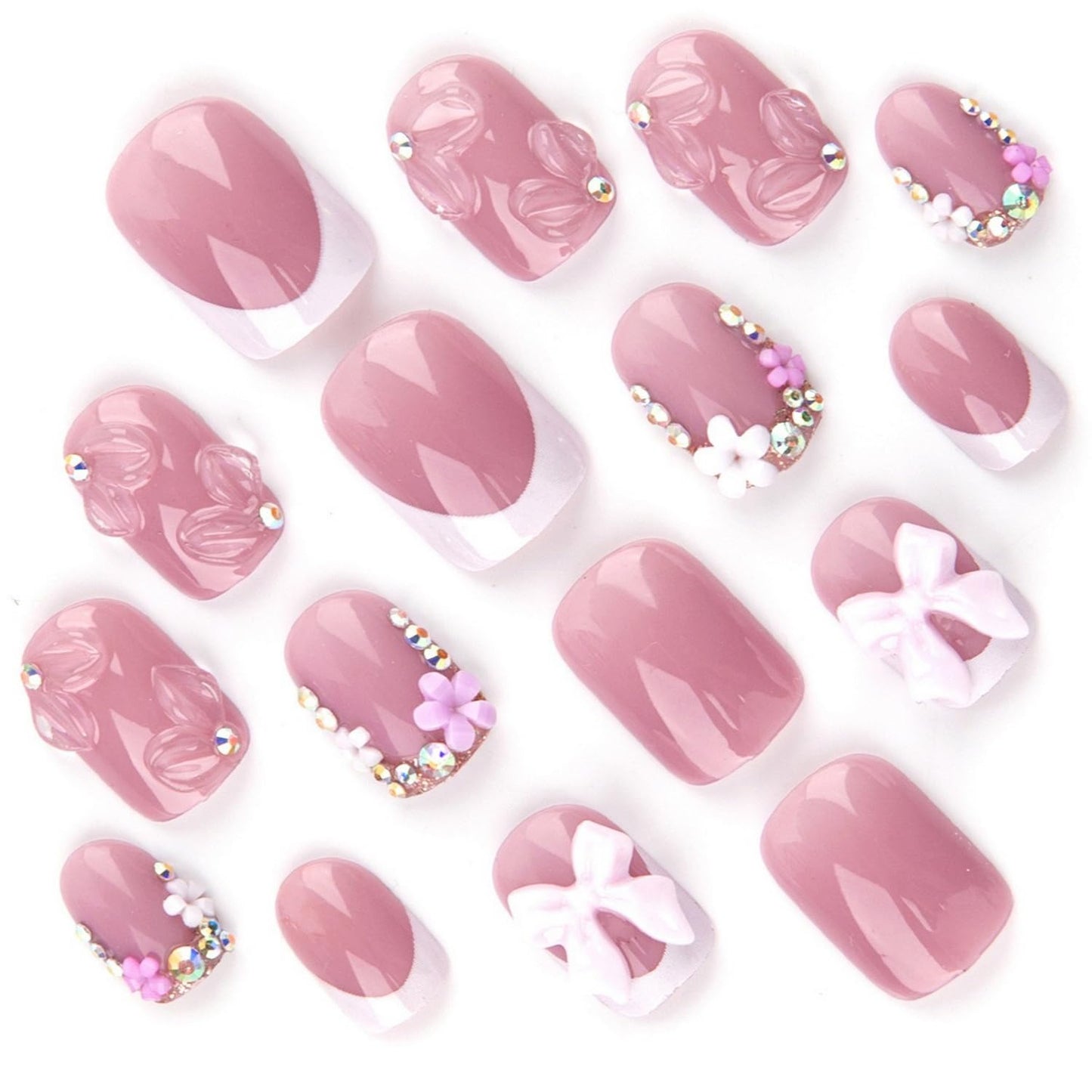 Handmade Press on Nails Short Square Cute French Tip Fake Nails 3D False Nails with Designs Flower Bow Charms Pink & White Glossy Glue on Nails Stick on Nails Acrylic Nails for Women Girls 24 Pcs